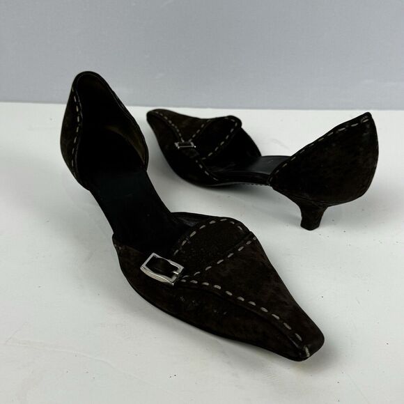 Prada Brown Suede D'Orsay Pumps Kitten Heels Buckle Pointed Toe Size 5.5 EU 35.5 - Picture 6 of 12
